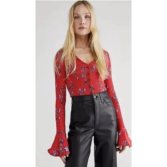 Free People Amelia Printed Ruched Blouse S Red New Boho Western Sexy Feminine - Picture 1 of 9